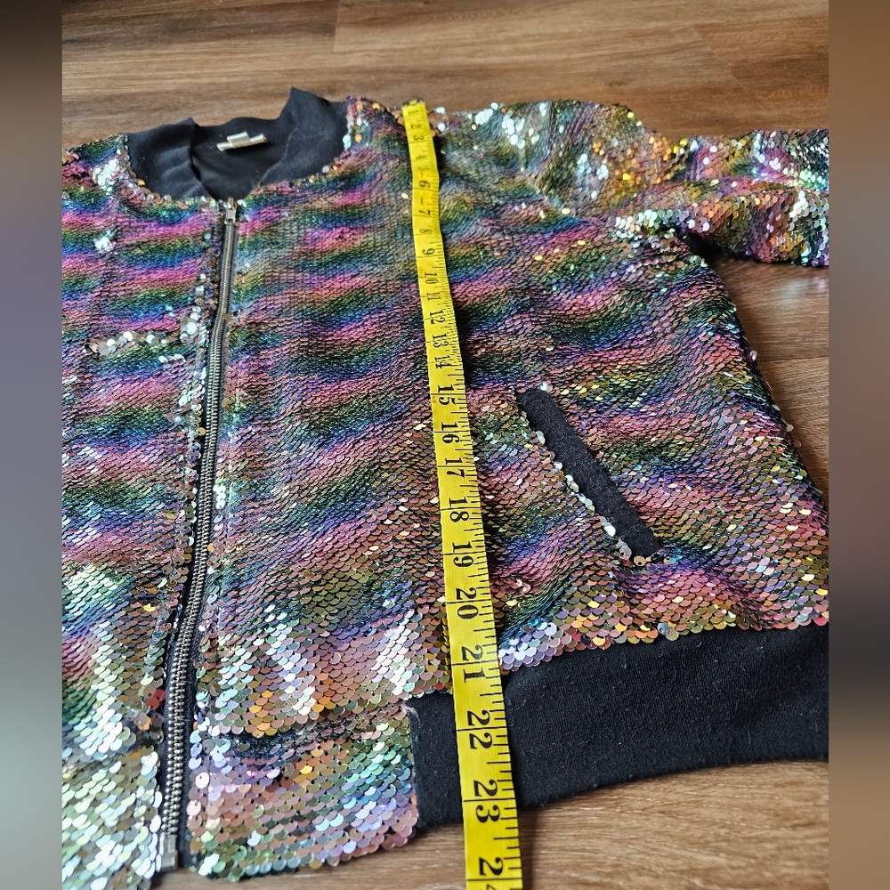 LULAROE ELEGANT STEVIE BOMBER JACKET size XL Rainbow Sequins Zipper Pocket - Picture 9 of 10